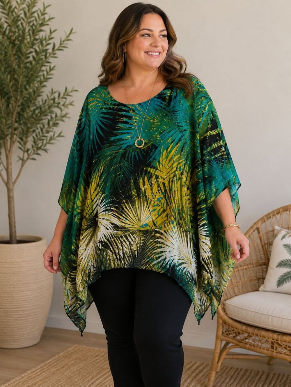 Catherines Tropical Leaf Print Poncho Top 2X/3X Lightweight Polyester Plus Size